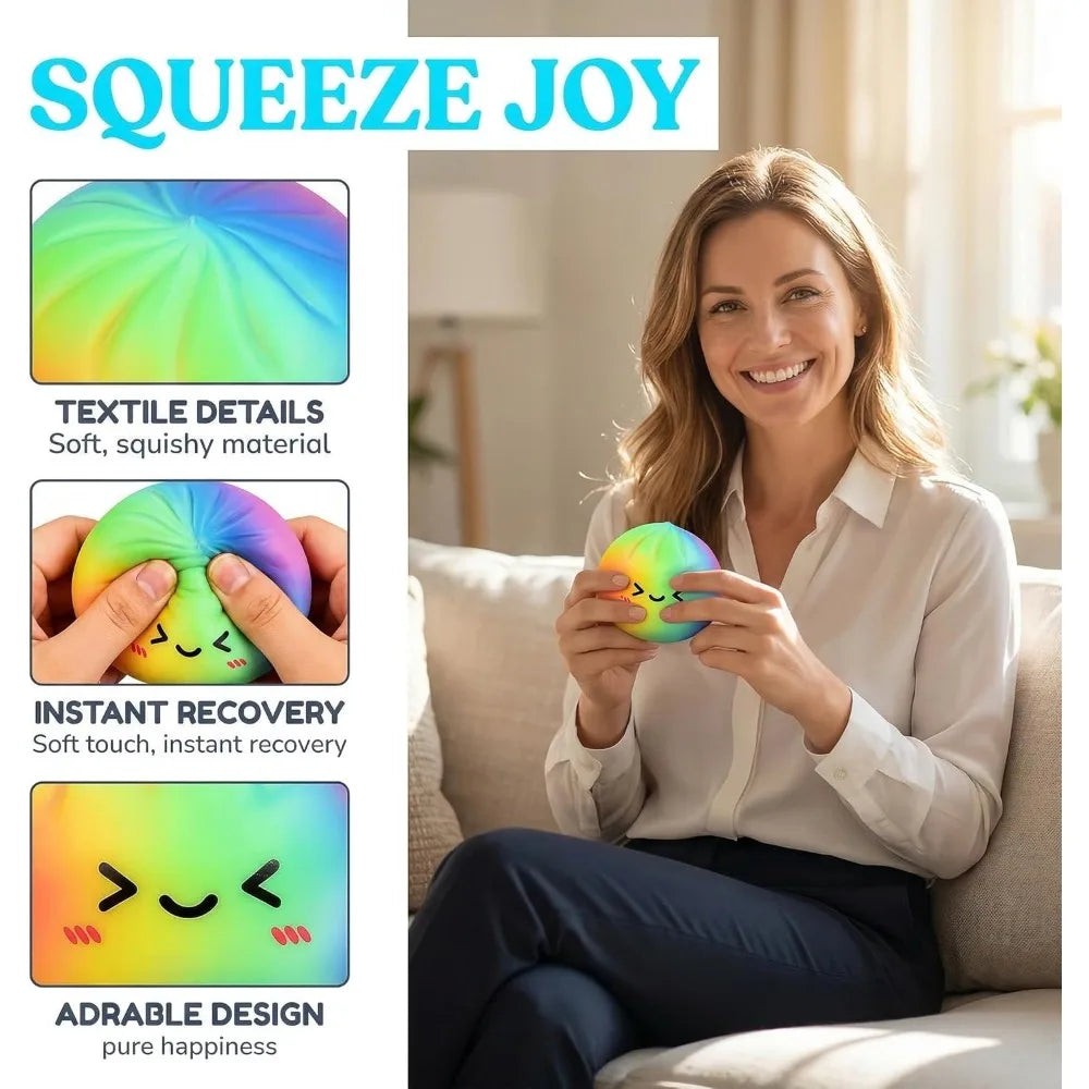 Rainbow Color Dumpling Squishy Toy with Bamboo Slow Rising Stress Relief Fidget Ball Soft Squeeze Toys for Adults & Kids