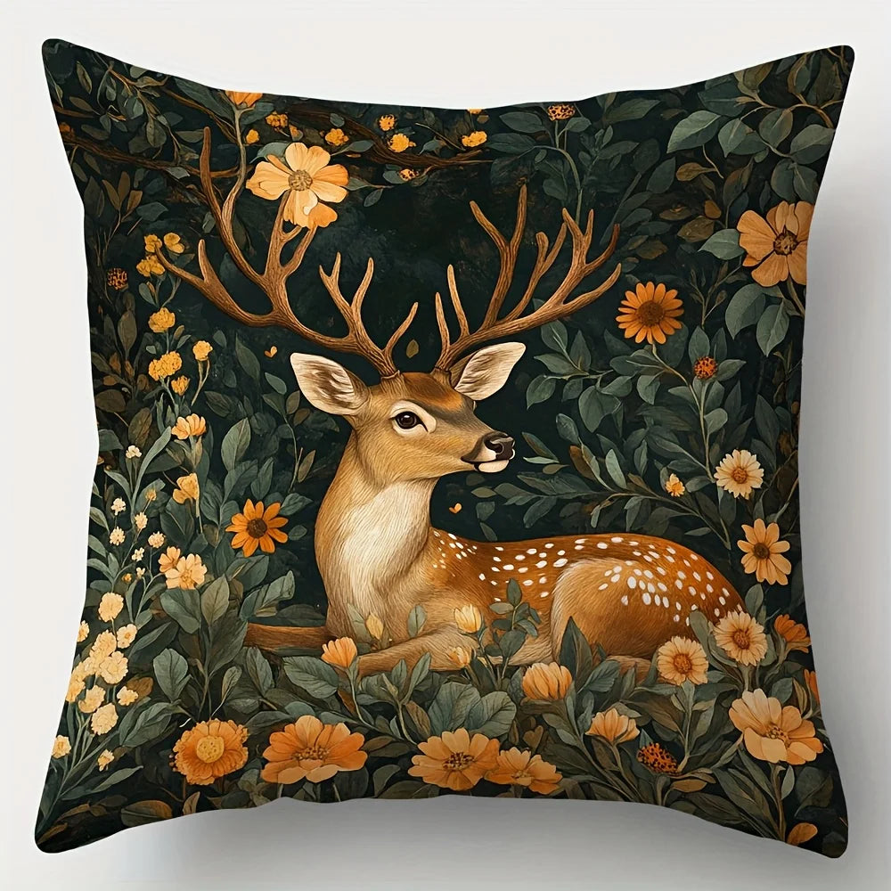 4-Piece Printed Animal Pillowcase Set – Vintage Nature Style with Deer, Squirrels, Foxes, Rabbits, Flora & Berries