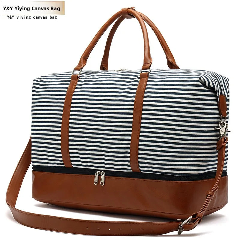 Fashionable Striped Canvas Travel Bag Waterproof Handheld Luggage PU Sports Bag Storage Wet And Dry Separation Bag Leisure Tr...