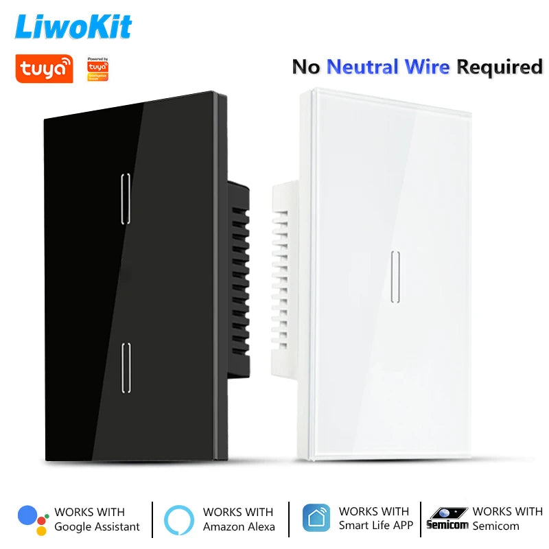 LiwoKit Wifi Smart Switch No Neutral Wire Install Touch Light Switch Suitable for SEMICOM Smart App Alexa Google Voice Control