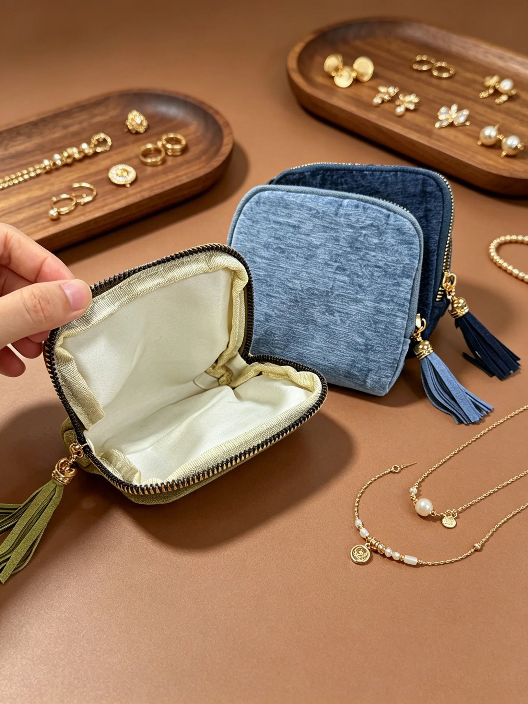 BUYLEMO Retro Velvet Tassel Jewelry Organizer, Portable Zippered Earring & Ring Storage Pouch