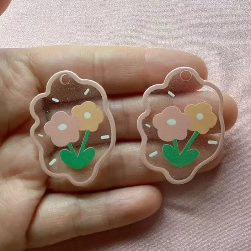 10pcs acrylic colored tulip relief printed pendant handmade DIY keychain earring pendant