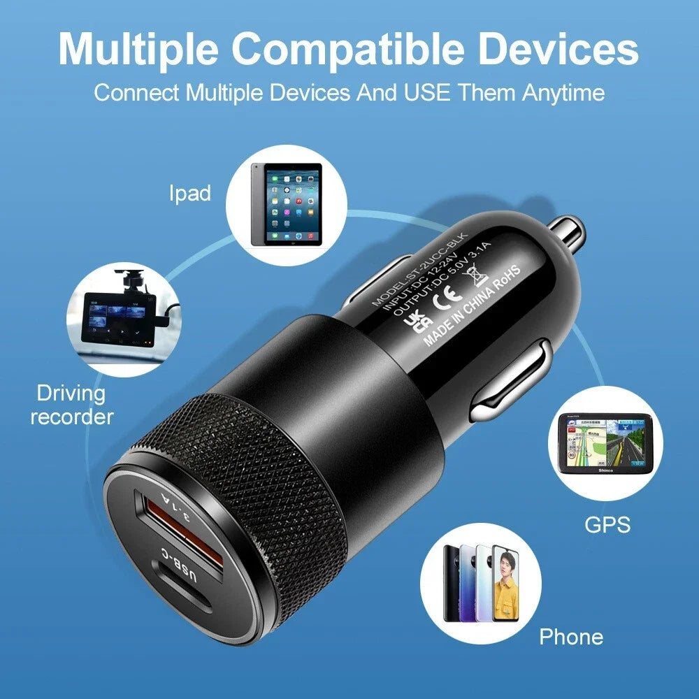 1Pack 15W 2 Port PD USB-C Fast Charging Car Charger Adapter USB+PD Universal For iPhone 17 16 Pro MAX For Samsung Car Charger