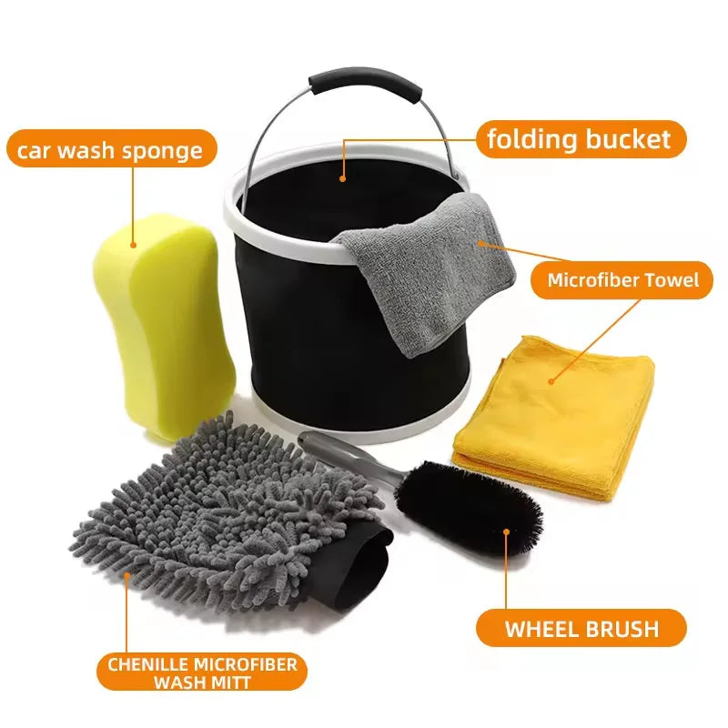 7PCS Car Wash Cleaning Kit Multi-Functional Microfiber Car Wash Tool Kit Cleaning Sets With Cloth Water Bucket Accessories