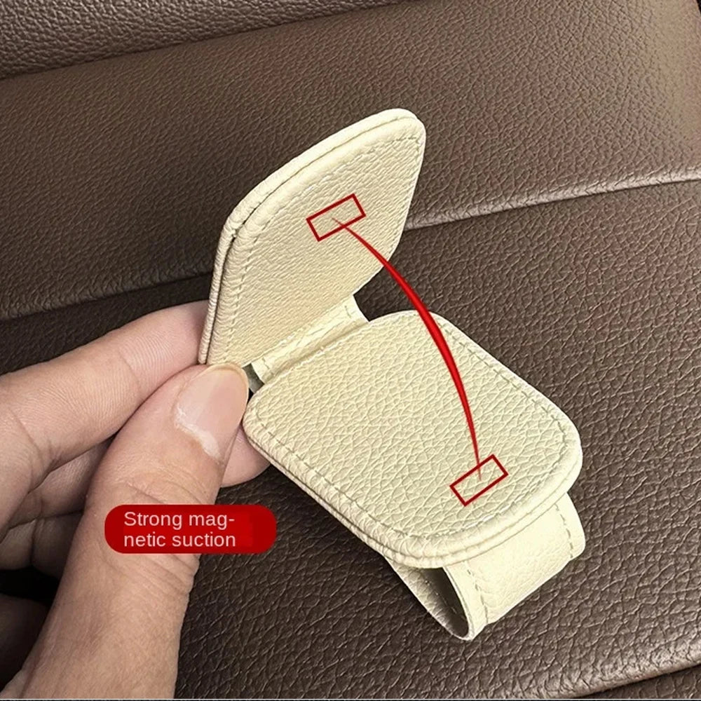 Magnetic Leather Car Sunglasses Holder, Universal Sun Visor Glasses Clip Card Ticket Storage Box Auto Interior Accessories 1PCS