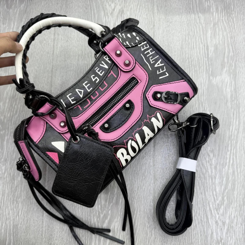 Women Casual Single Shoulder Moto Bag Niche Graffiti Microfiber PU Retro Large Fashion Hand Purse