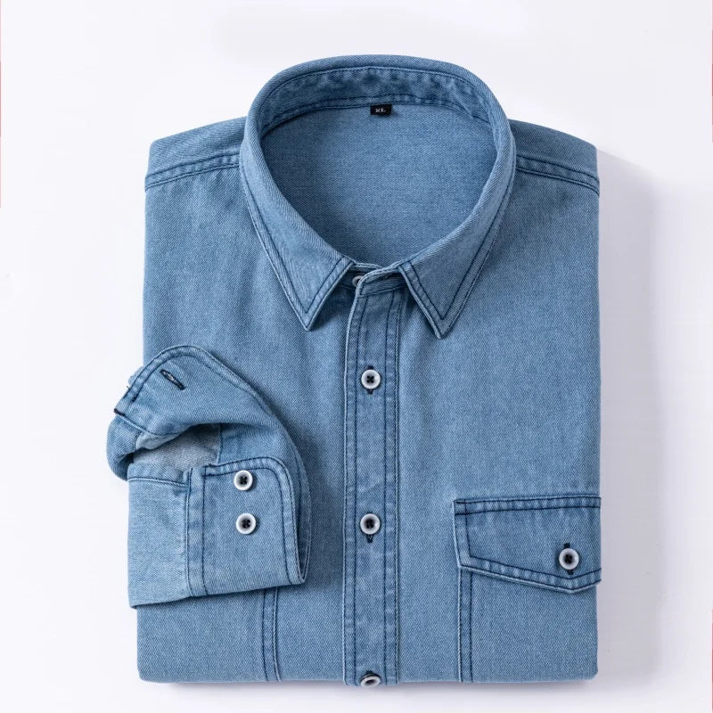 Pure Cotton Double-pocket Denim Long-sleeve Shirt Stylish Versatile Trendy Collared Shirt Casual Detailed Men's Sports Top