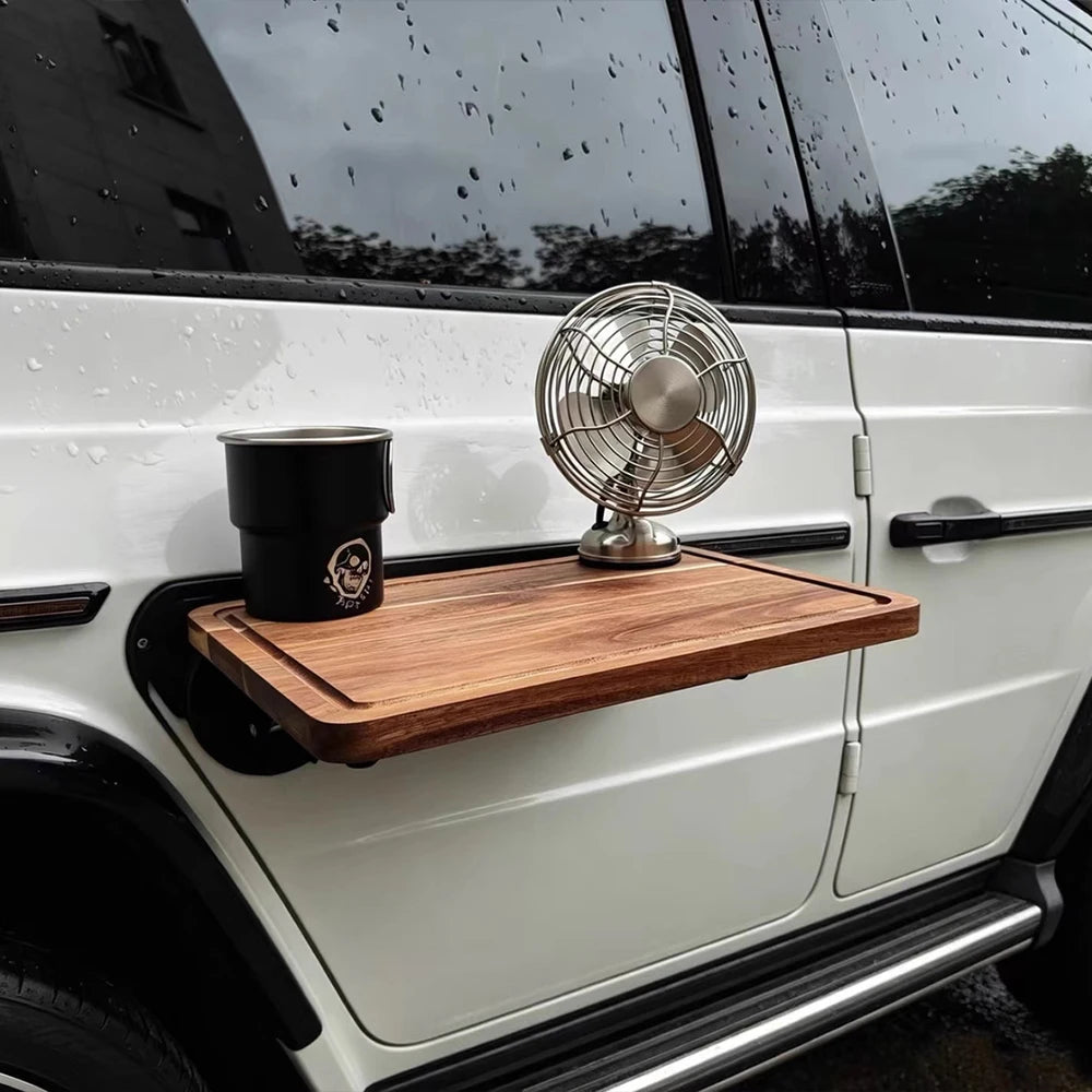1PC Car Side Folding Wooden Table Outdoor Camping Vehicle Door Mount Tray Auto Cup Holder Storage Rack SUV Travel Accessory