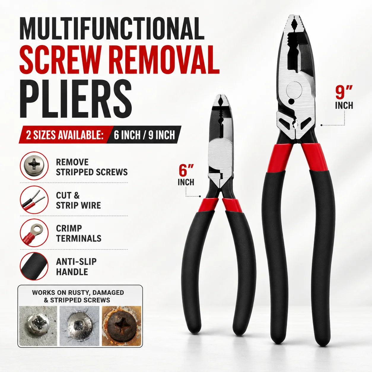 Multi-Disassembly Pliers, Stripped Damaged Screw Remover, Wire Cutter Crimper for Home Electrical Repair, Anti-Slip Grip