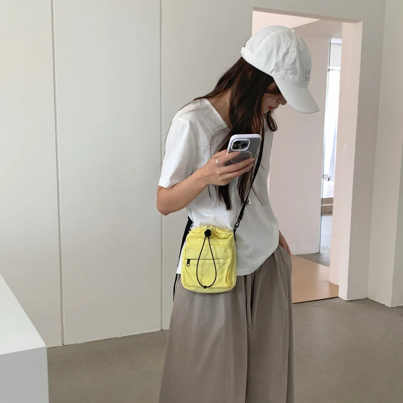 Women Fashion Summer Mini Drawstring Bag Ruched Shoulder Crossbody Small Bag Water Kettle Cup Phone Key Carry Bag