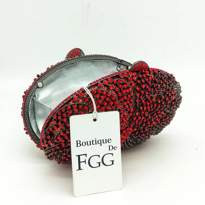 Boutique De FGG Red Ruby Flower Clutch Women Evening Bags Wedding Party Dinner Rhinestone Handbag and Purses