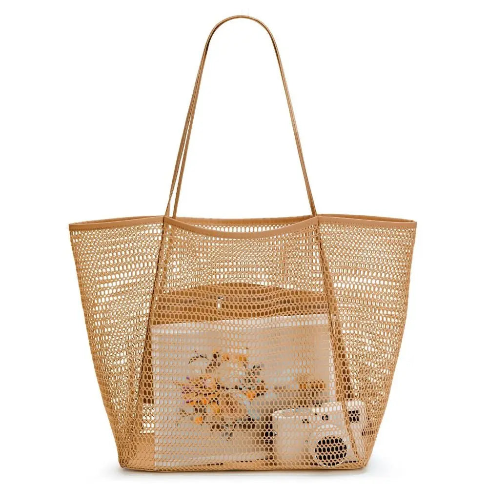 1pcs Foldable Beach Bag with Mesh Net, Women's Shoulder Bag, Essential for Outdoor Travel and Leisure Activities