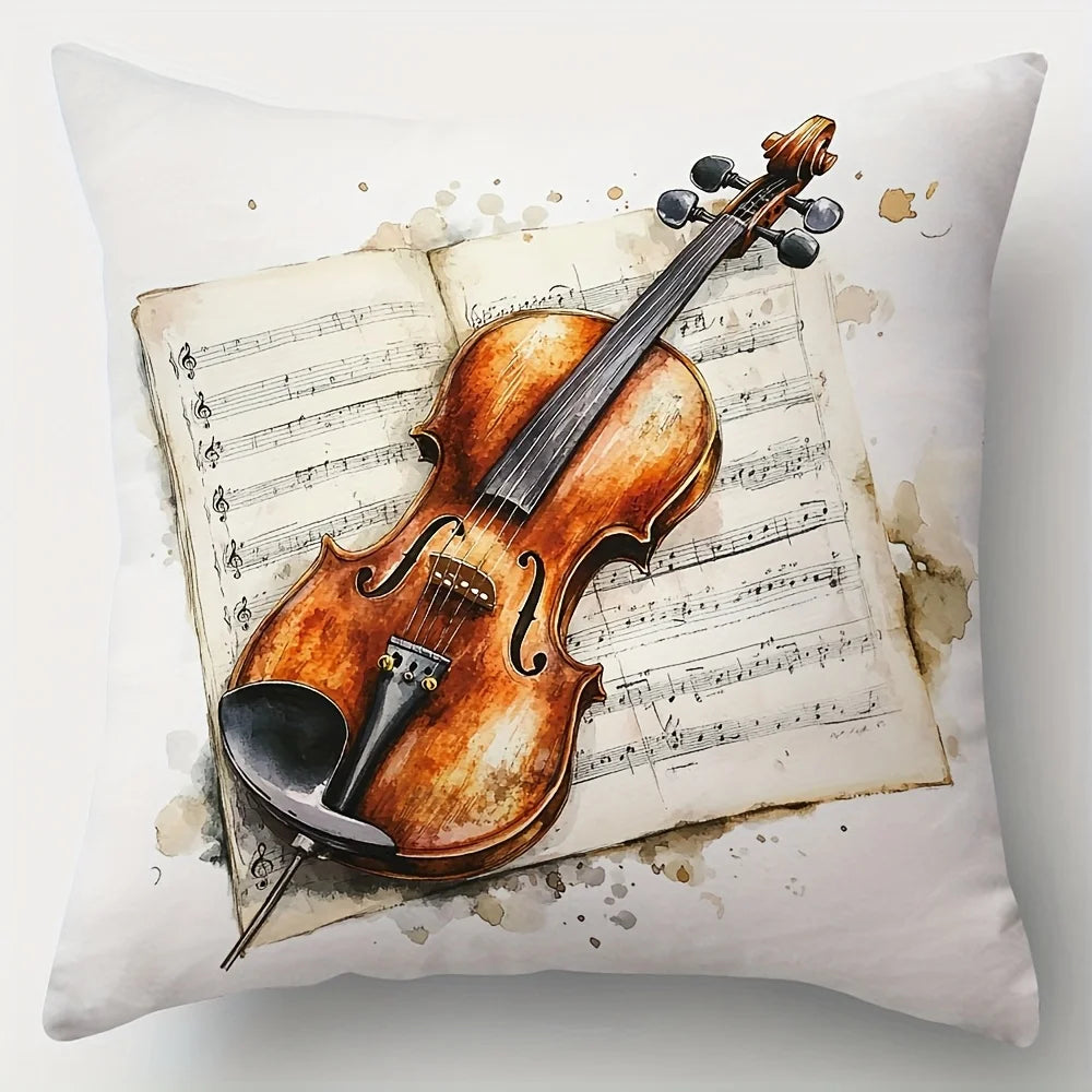 4-Piece Spring/Summer Decorative Pillowcase Set – Vintage Musical Instrument Design (Trumpet, Violin, Flute & Piano)