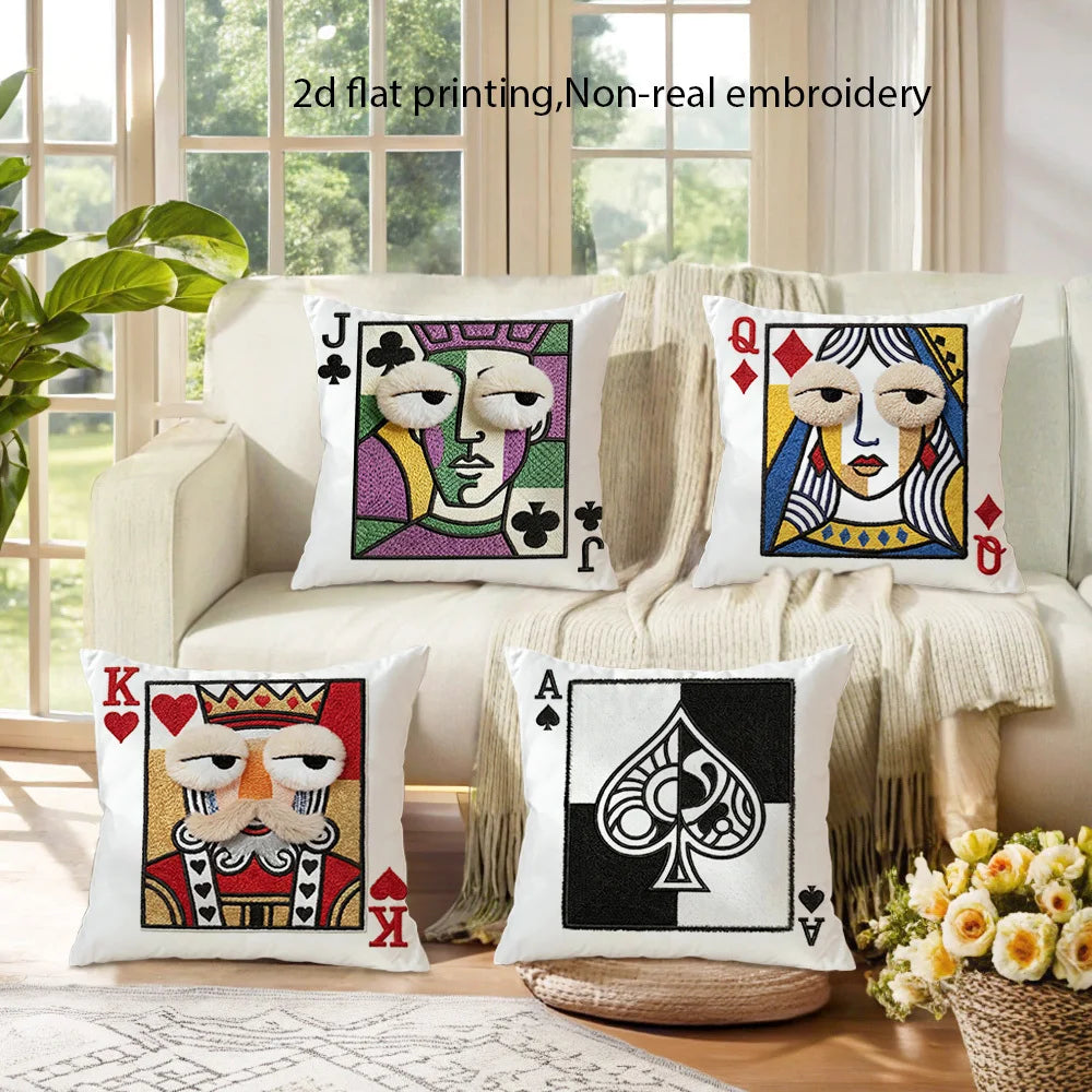 Quirky Game Room Style Pillow Covers, Playing Card Jack Queen King Ace with Plush Face Print Cushion Cases, Cozy Home Decor