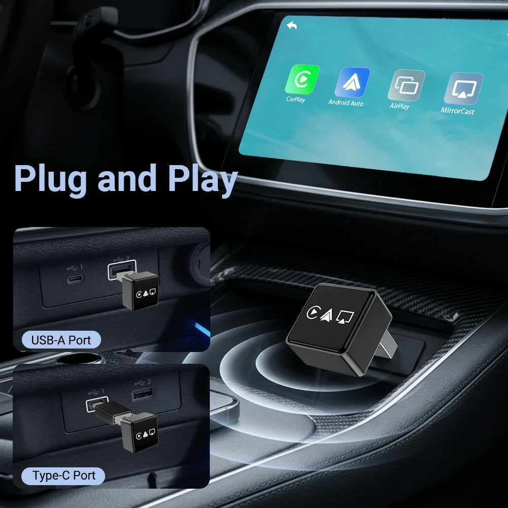 4in1 Wireless Adapter, Universal Mini CarPlay Android Auto Dongle with AirPlay MirrorCast Function for Car Entertainment