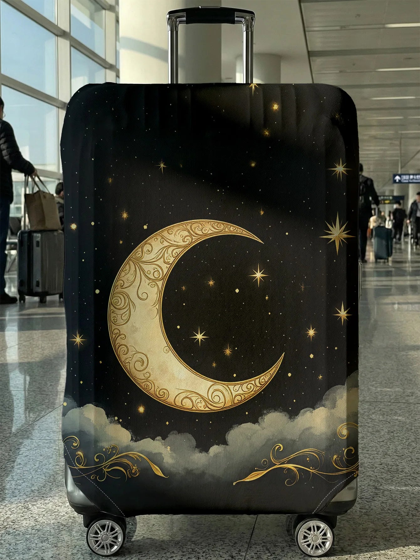 Black Gold Carved Moon Star Print Luggage Cover, Suitable for 18-32 Inch Luggage Cover, Luggage Handle Glove, Travel Accessories