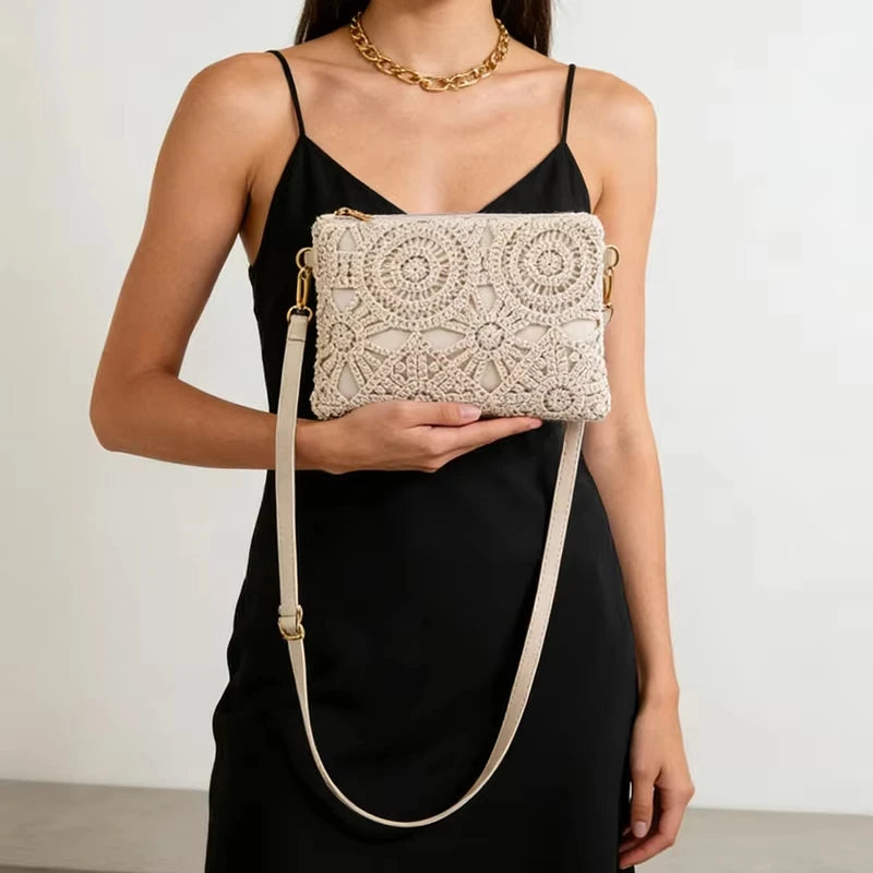 1PCS Simple Versatile Crossbody Crochet Bag, New Woven Bag, Zipper Closure, Retro Casual Beach Flower Women's Bags