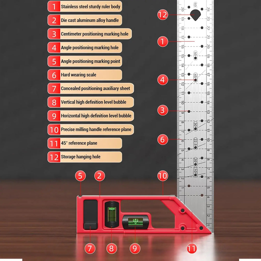 Professional Measuring Instrument with Dual Axis Level Bubble and Multiple Angled Hole Designs for Carpentry Projects