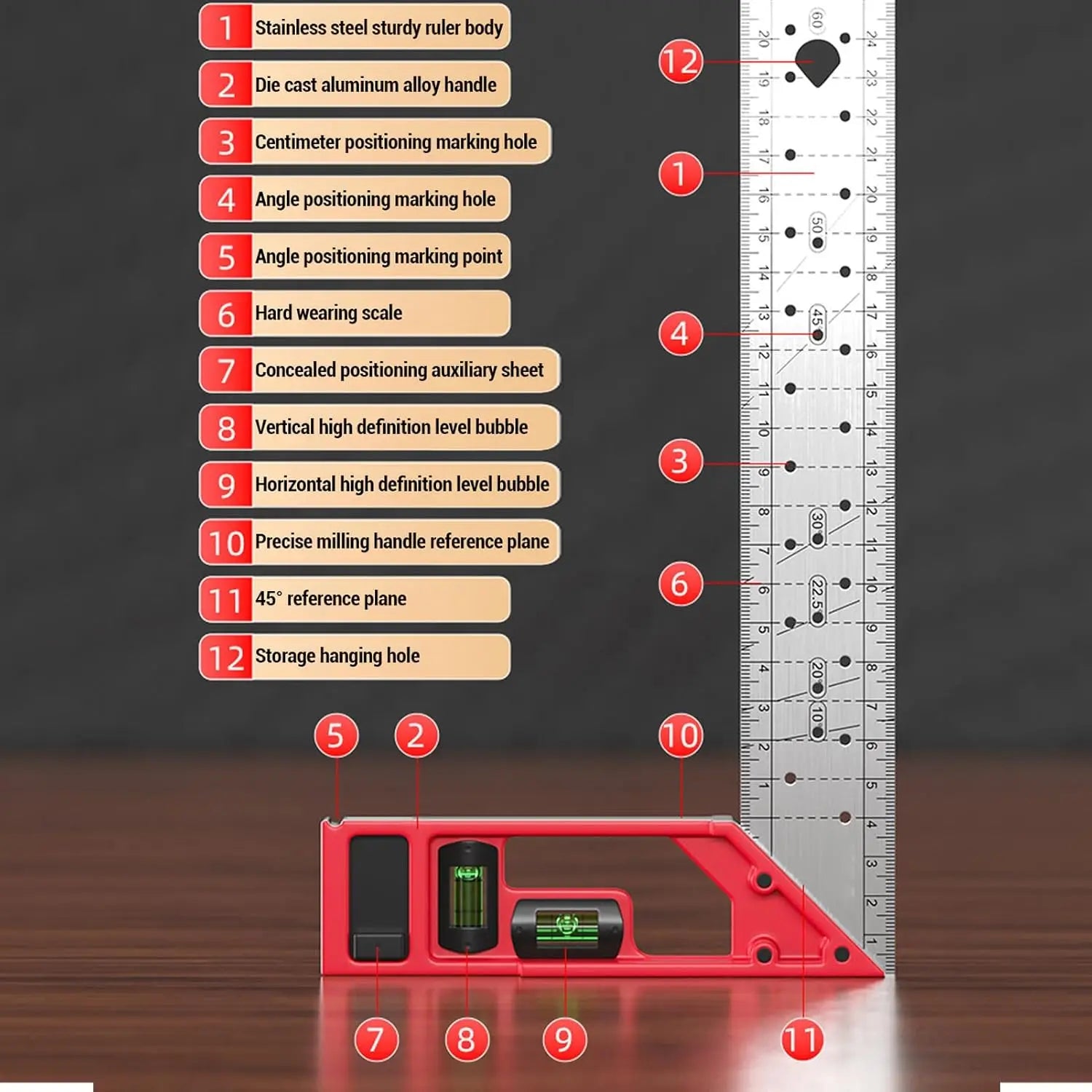 Professional Measuring Instrument with Dual Axis Level Bubble and Multiple Angled Hole Designs for Carpentry Projects