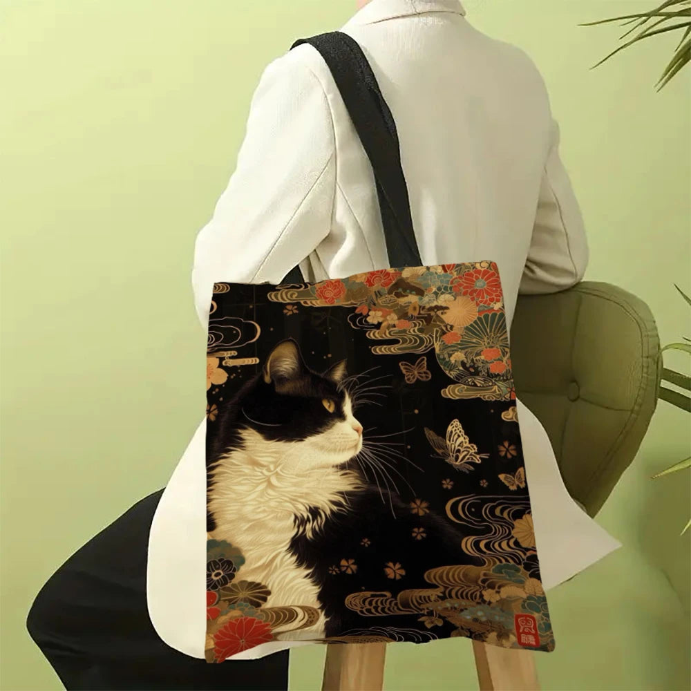 Classic Black And White Cat Tote Bag With Cat Print, Reusable Shoulder Shopping Beach Bag For Women, Durable Casual Carryall