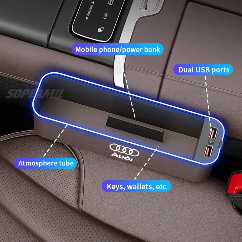 Audi A3 A4 A5 A6 A7 A8 RS3 RS4 RS5 RS6 S3 S4 S5 S6 Q3 Q5 Q7 Q8 Car Seat Gap Slot Crevice Storage Box With USB Charging Organizer