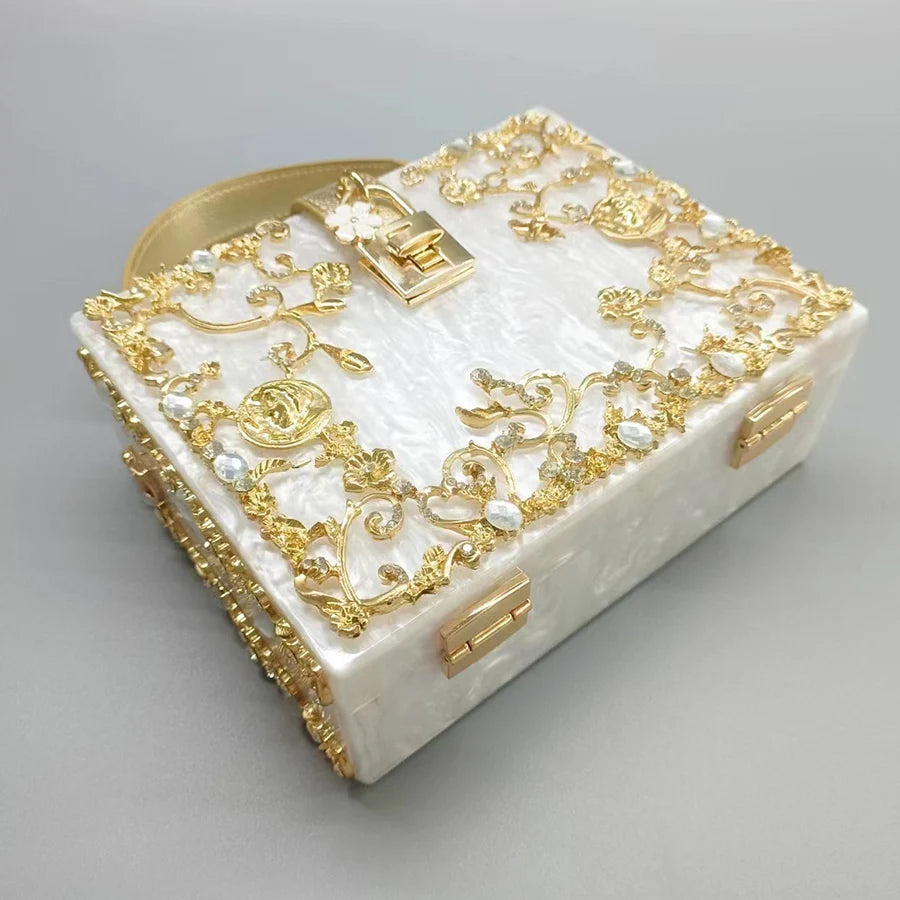 Luxury Acrylic Crystal Evening Bag Female New Hollow Out Metal Carved Flower Diamond Handbag Box Chic Shoulder Crossbody Bag Sac