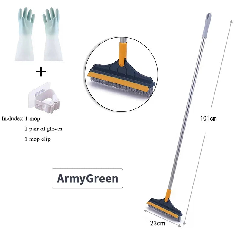 Scrub Brush Tile Cleaner Brush with Scraper with Squeeze 3-Section Adjustable Bathroom Brush with Long Handle V-Shaped Bristles