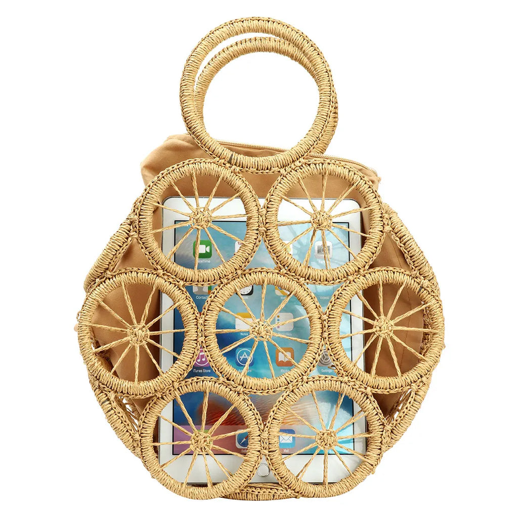Round Straw Bag Rattan Woven Handbag For Women Large Capacity Shoulder Tote Purse Ladies Holiday Beach Wood Handle Shopping Bag