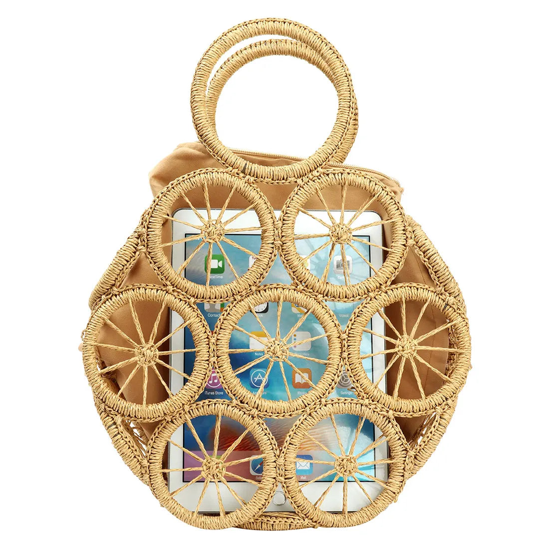 Round Straw Bag Rattan Woven Handbag For Women Large Capacity Shoulder Tote Purse Ladies Holiday Beach Wood Handle Shopping Bag