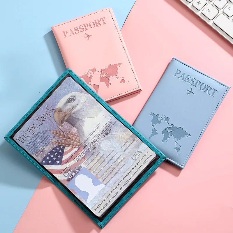PU Leather Passport Cover for Men & Women Organizer - Protective Card Holder ID Document Covers World Map Travel Passport Case