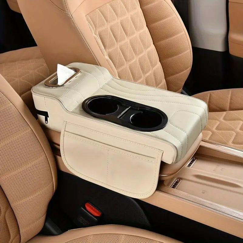 1 Car Armrest Box with Low Front and High Rear Design, Car Center Console Armrest Pad with Tissue Box, Dual Side Storage Pockets, Car Armrest Pad, Portable Storage Accessory, Includes a Pack of Tissues