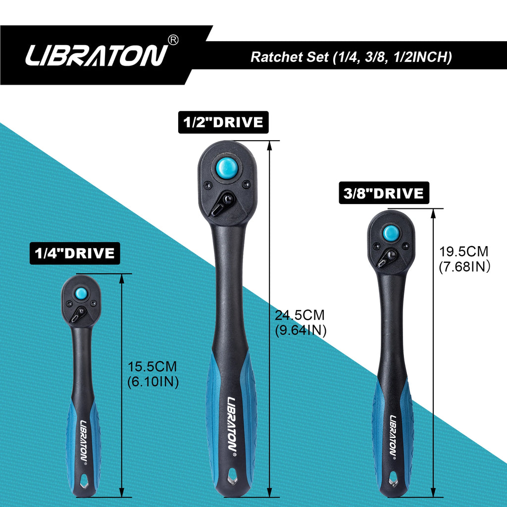 LIBRATON 1/4'' 3/8'' 1/2'' Drive Ratchet Wrench 72-Tooth Quick Release Reversible Ratchet Handle Auto Repair Tool Home DIY Tools
