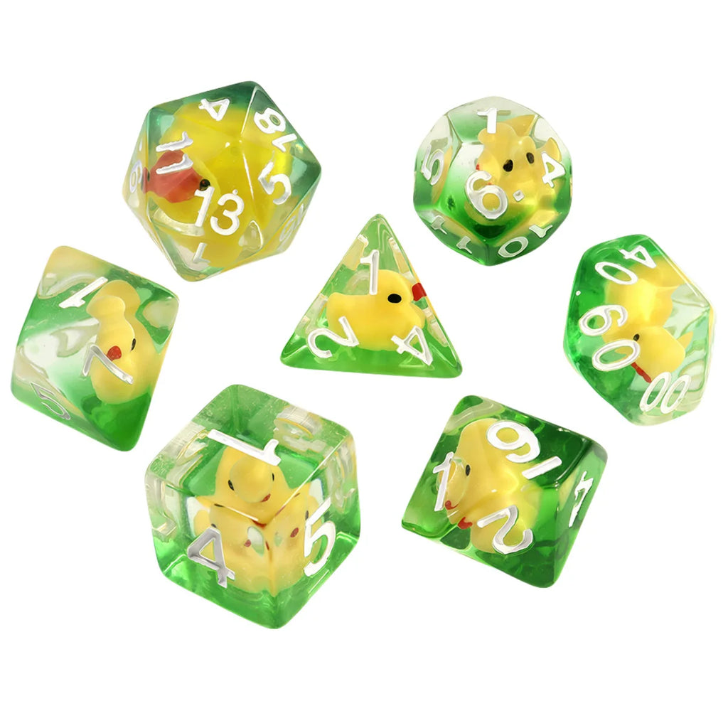 New 7 Pieces Acrylic Polyhedral Dices Set Bar Toys Filled With Ducks D6 Data D8 D10 D12 D20 Dice Role For TRPG DND Accessories