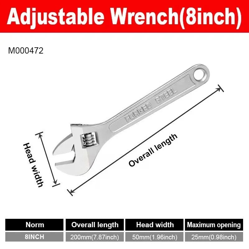 Adjustable Wrench Large Openin Long Handle Universal Spanner Clamp Steel Mechanical Workshop Hand Repair Tools 6/8/10/12 inchs