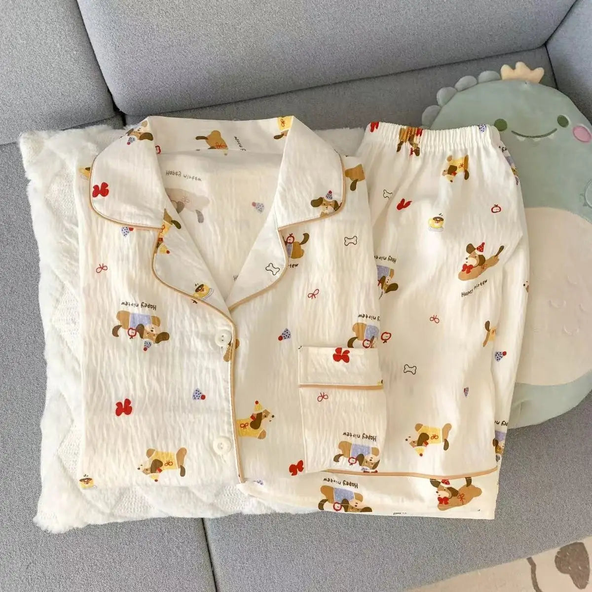 Summer Pajamas for Women, Thin Style with Puppy Pattern, Short-Sleeved Shorts, Sweet and Cute, Can Be Worn Outside in Summer, Home Wear Set, Two-Piece Set