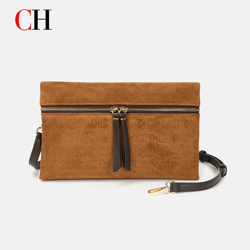 CH Crossbody Bag Women Embossed Suede Shoulder Bag Double Zipper Clutch Purse Vintage Daily Evening Handbag Bolsos Mujer