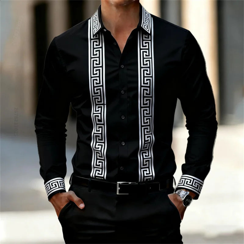 Men's Retro Geometric Print Shirt, Stylish Long-Sleeve Black Shirt, Business Casual Men's Top