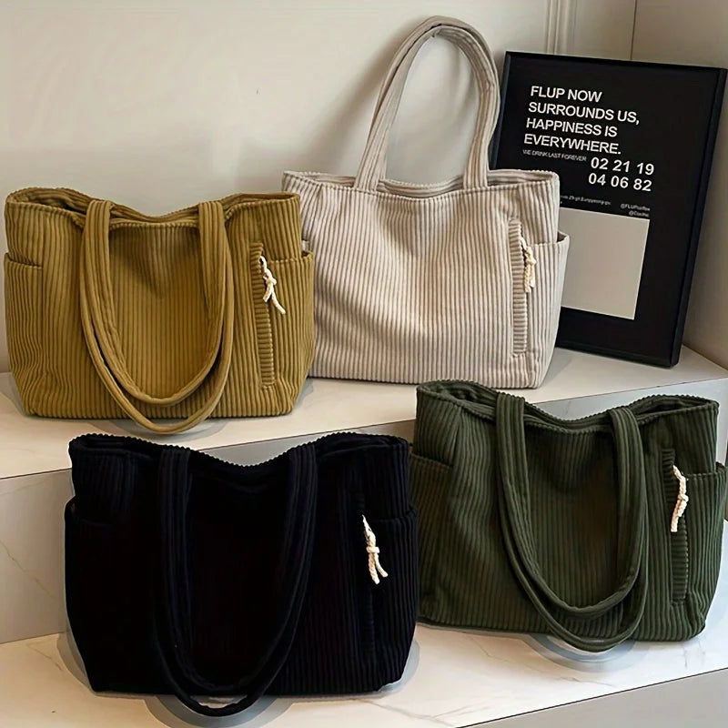 Large Corduroy Tote Bag for Women Everyday Shoulder Bag with Pockets and Zipper for Work Travel Vacation