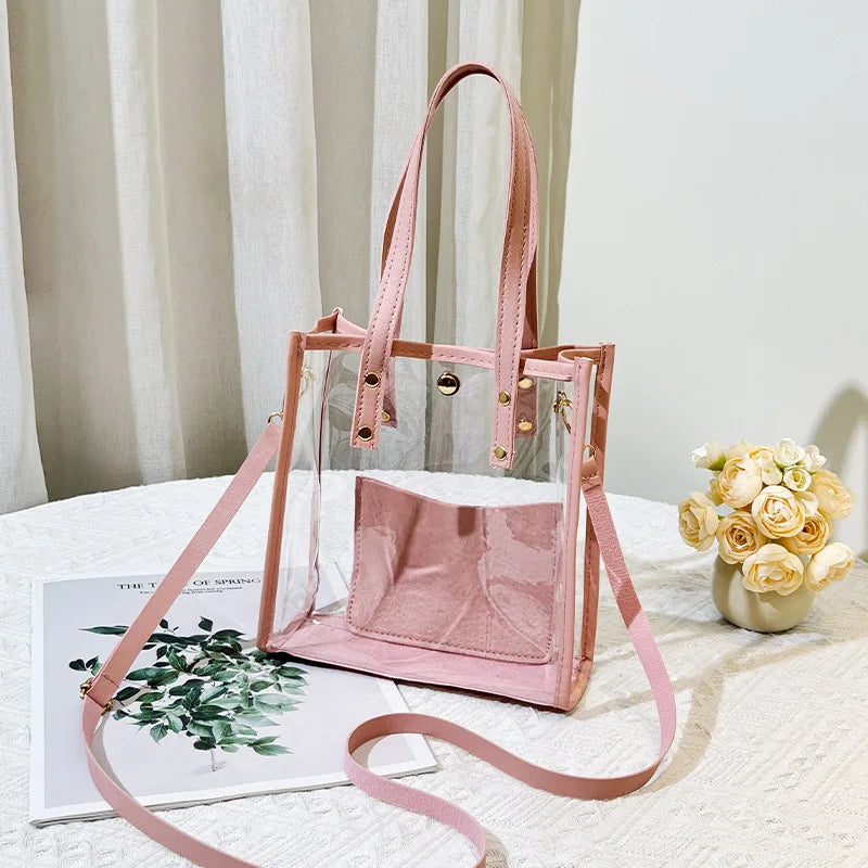 Women Mini Clear PVC Tote Bag Summer Transparent Jelly Handbag With Detachable Crossbody Strap