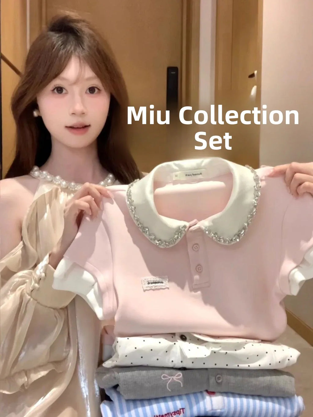Fashionable Short Sleeve T-Shirt Women's Summer Style Color Block Doll Collar Top Miu Series Fake Two-Piece Casual Wear