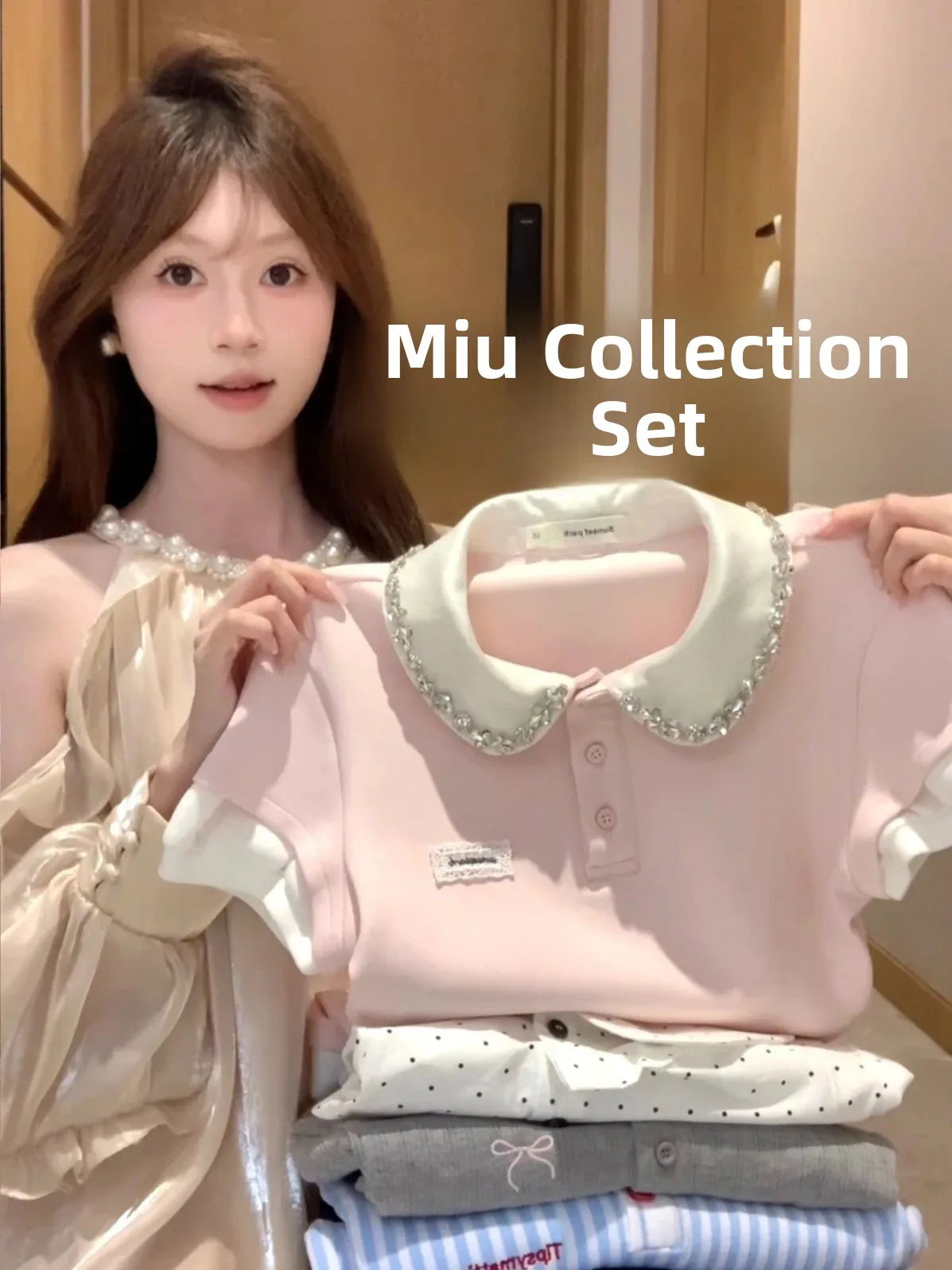 Fashionable Short Sleeve T-Shirt Women's Summer Style Color Block Doll Collar Top Miu Series Fake Two-Piece Casual Wear