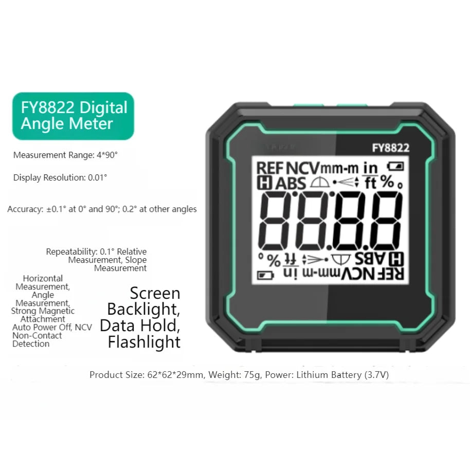 FY8821/FY8822 High Accuracy Digital Angle Finder With Level Magnetic Slope Meter With A Lithium Battery And Type-C Charging