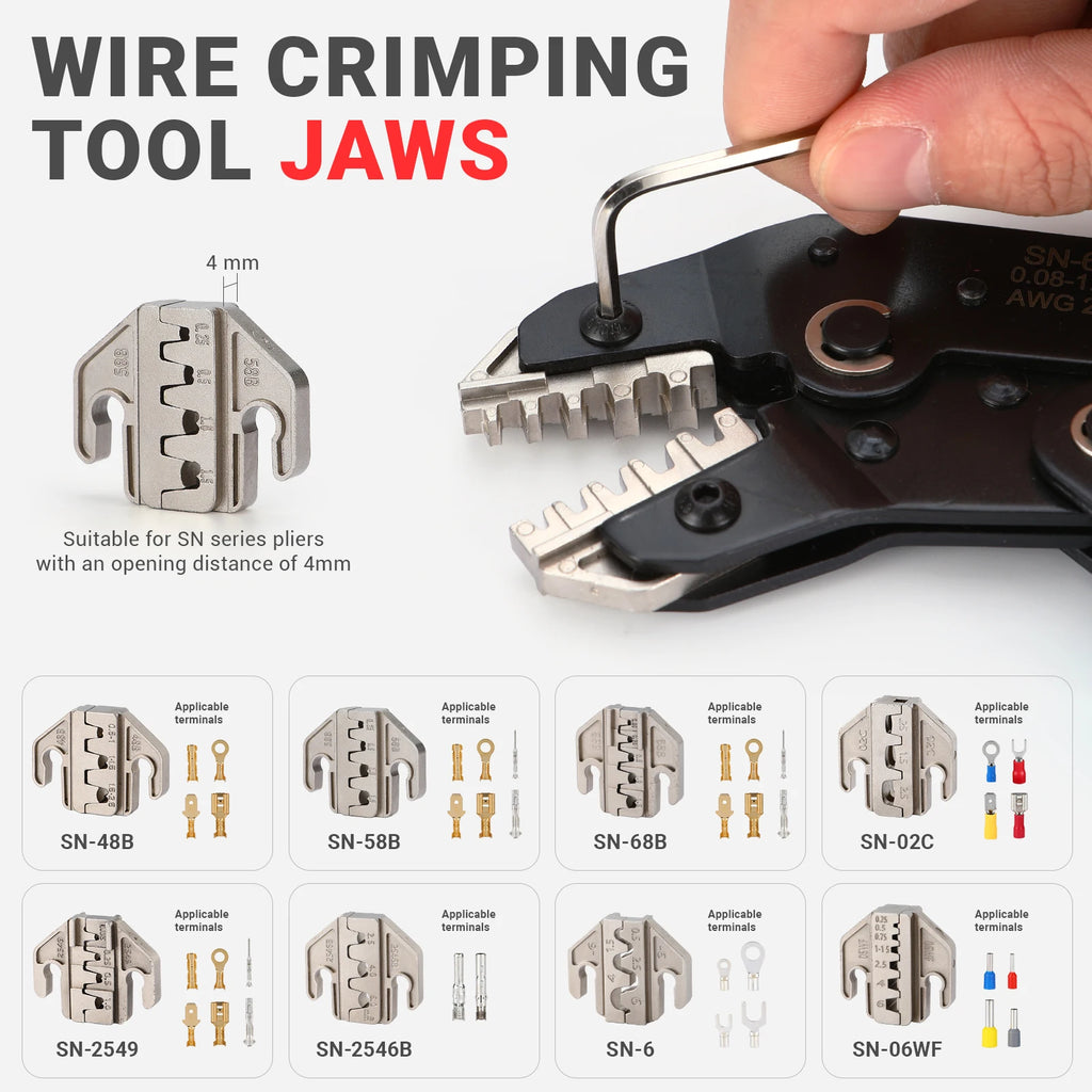 SN Series Crimper Tools Plier 4mm Slot Jaws Set For Crimping Non Pre Insulated/Solar/Ferrule/Coaxial Cable/Open Barrel Terminals