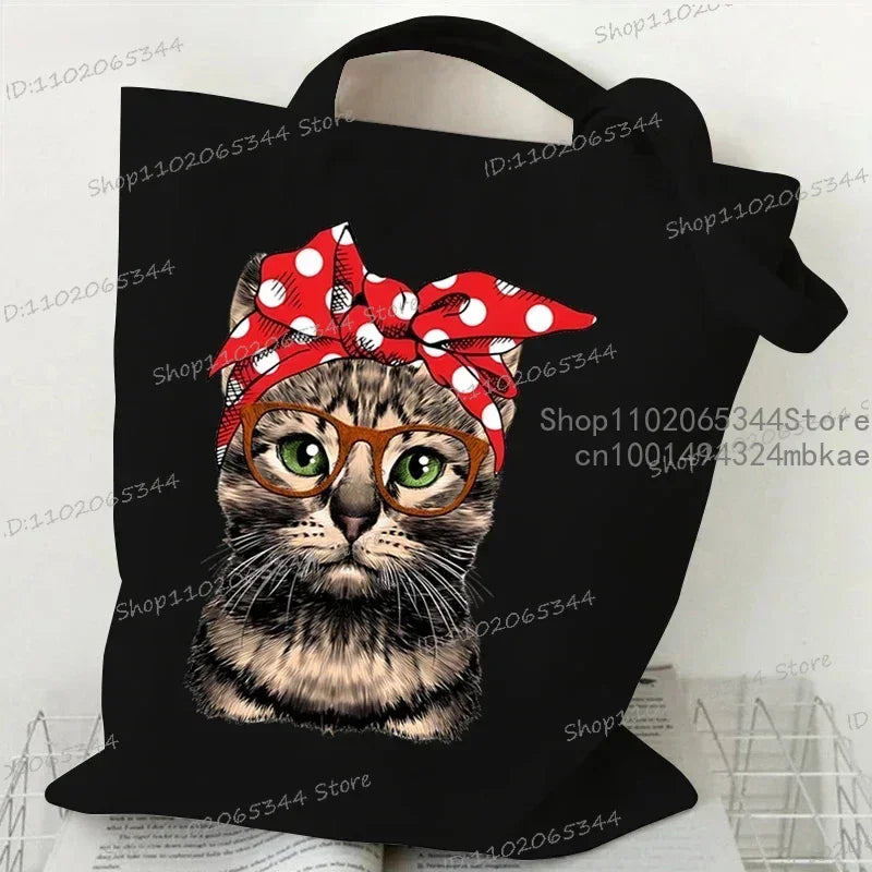 Funny Cow Cat Handbag Women Cartoon Aesthetics Kitten Design Shopping Bags Teen Cat Lover Reusable Tote Bag Female Shoulder Bag