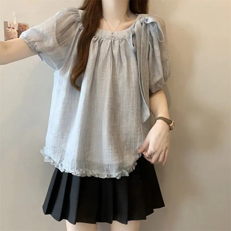Large size women's clothing summer new solid color loose and cute style bow fungus edge round neck short-sleeved top