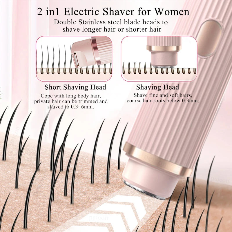 Women's Electric Shaver 2-in-1 Bikini Area Hair Trimmer Cordless Waterproof Rechargeable Wet/Dry Use Dual-Head Detachable Razor
