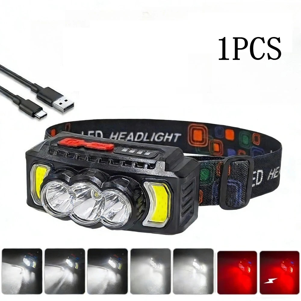 Super Powerful COB Head Flashlight LED Portable Head Lamp USB Rechargeable 7 Modes Outdoor Camping Hiking Headlamp Work Light