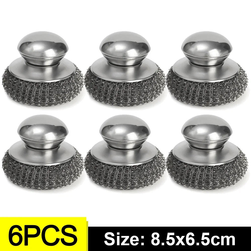 6-1Pcs Kitchen Stainless Steel Washing Brush Metal Sponge Scrubber With Handle For Dishes Pots Pans Grills Sink Cleaning Tools