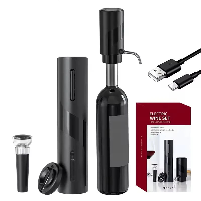 2024 New Design 4-in-1 Lithium Rechargeable Electric Bottle Wine Opener Set, Wine Aerator Pourer,Foil cutter,Wine stopper