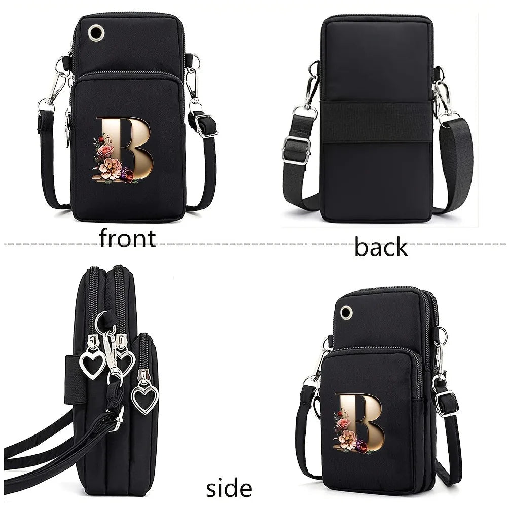Fashion A-Z Letter Print Women's Crossbody Bag Large Capacity Three-Layer Zipper Phone Bag Daily Travel Coin Purse